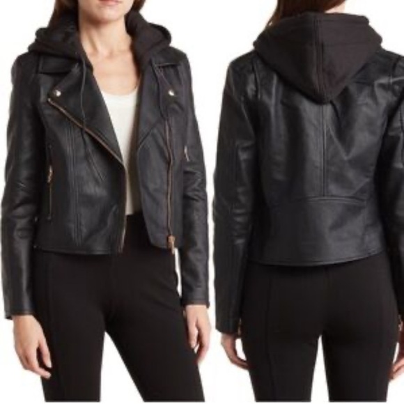 Blank NYC Jackets & Blazers - Blank NYC black faux leather moto bomber cropped hooded jacket zipper detail